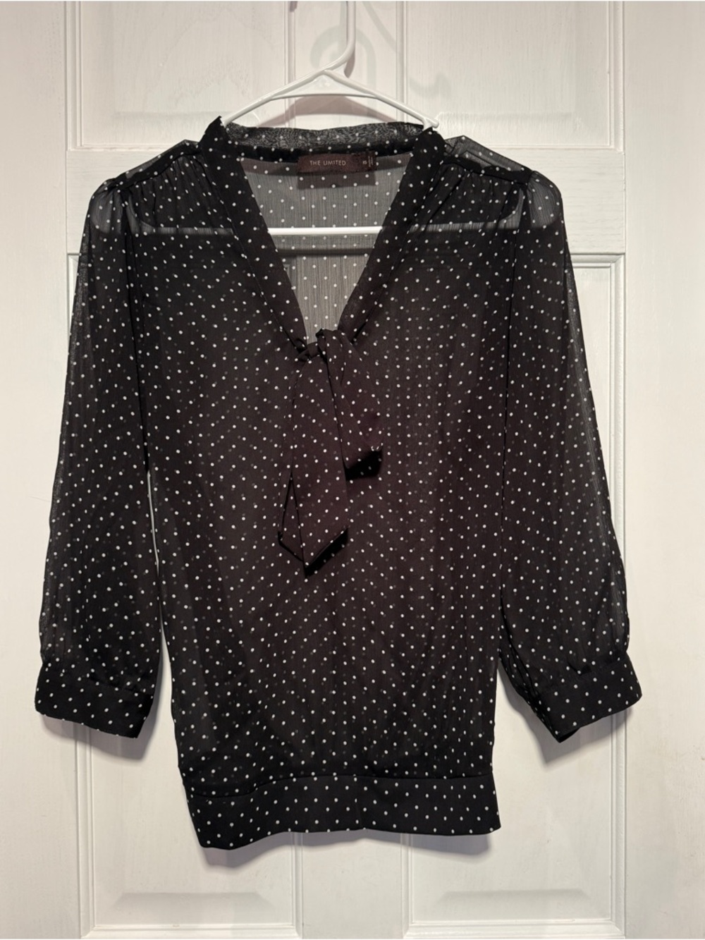 The Limited XS Sheer Polka Dot Blouse Tie Neck Chic Office Top - Picture 2 of 14
